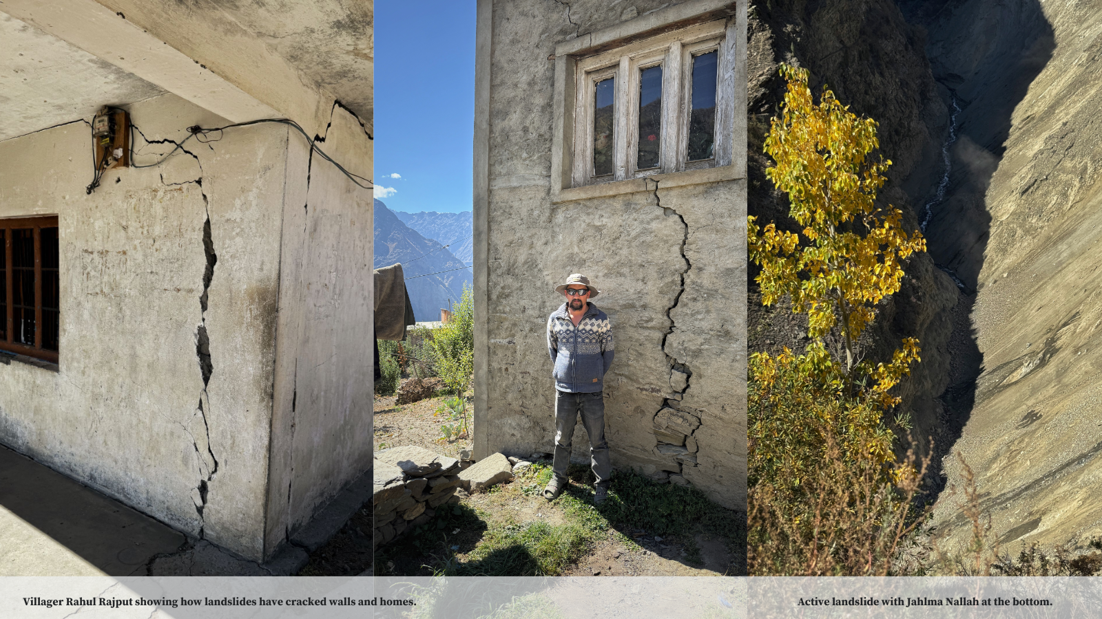 Villager shows cracks in walls and houses from landslides.