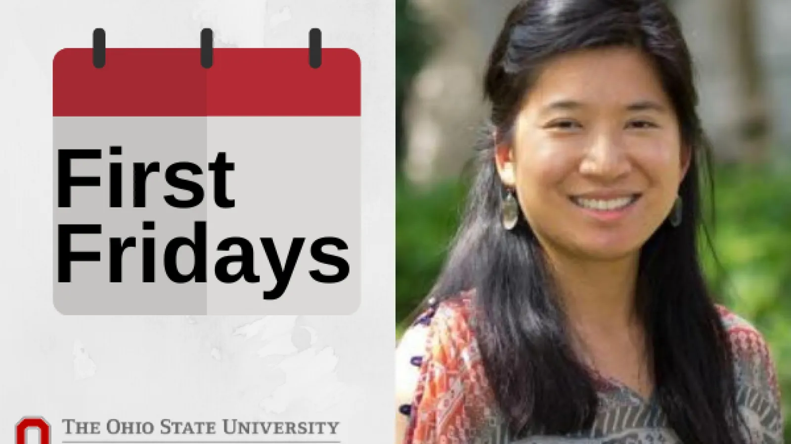 First Friday graphic with headshot of Erin Lin