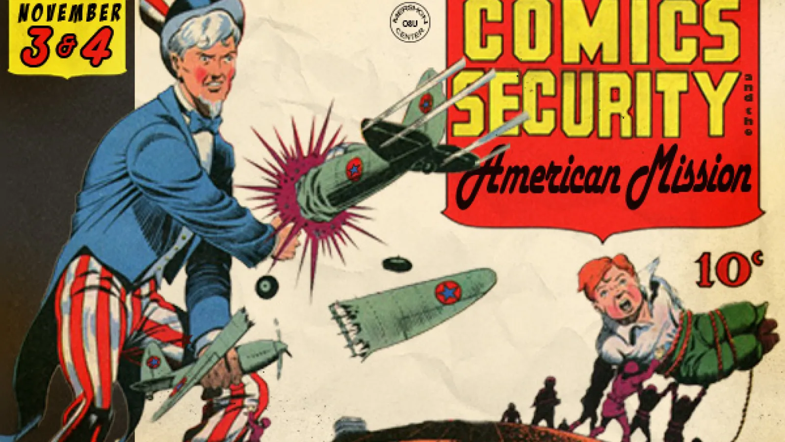 Uncle Sam fighting off airplanes in a comic book style