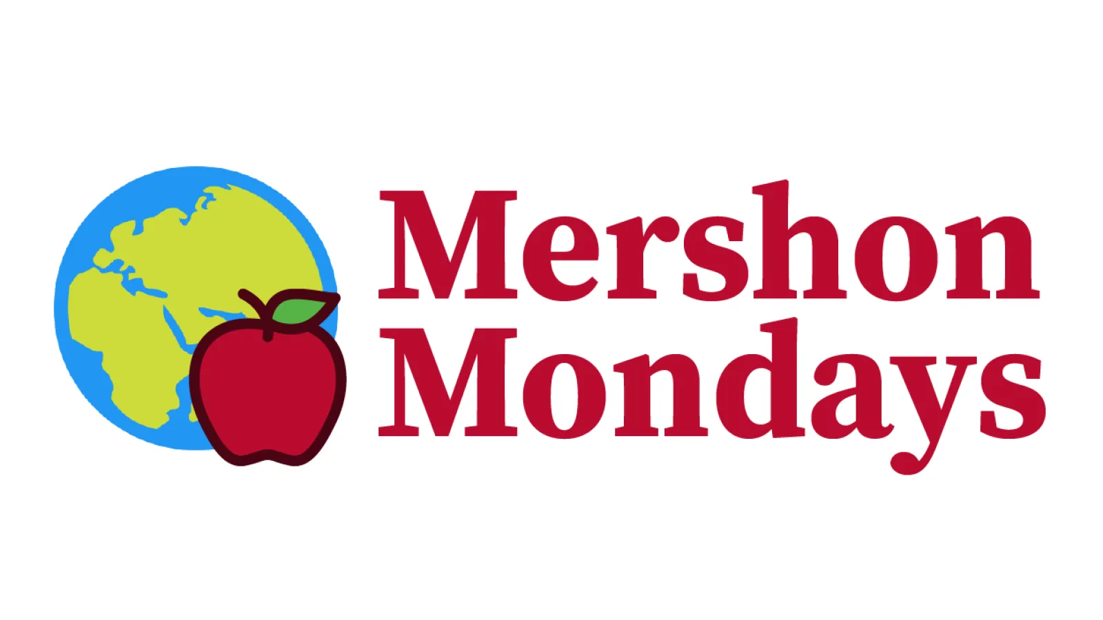 Apple in front of a globe with Mershon Monday text
