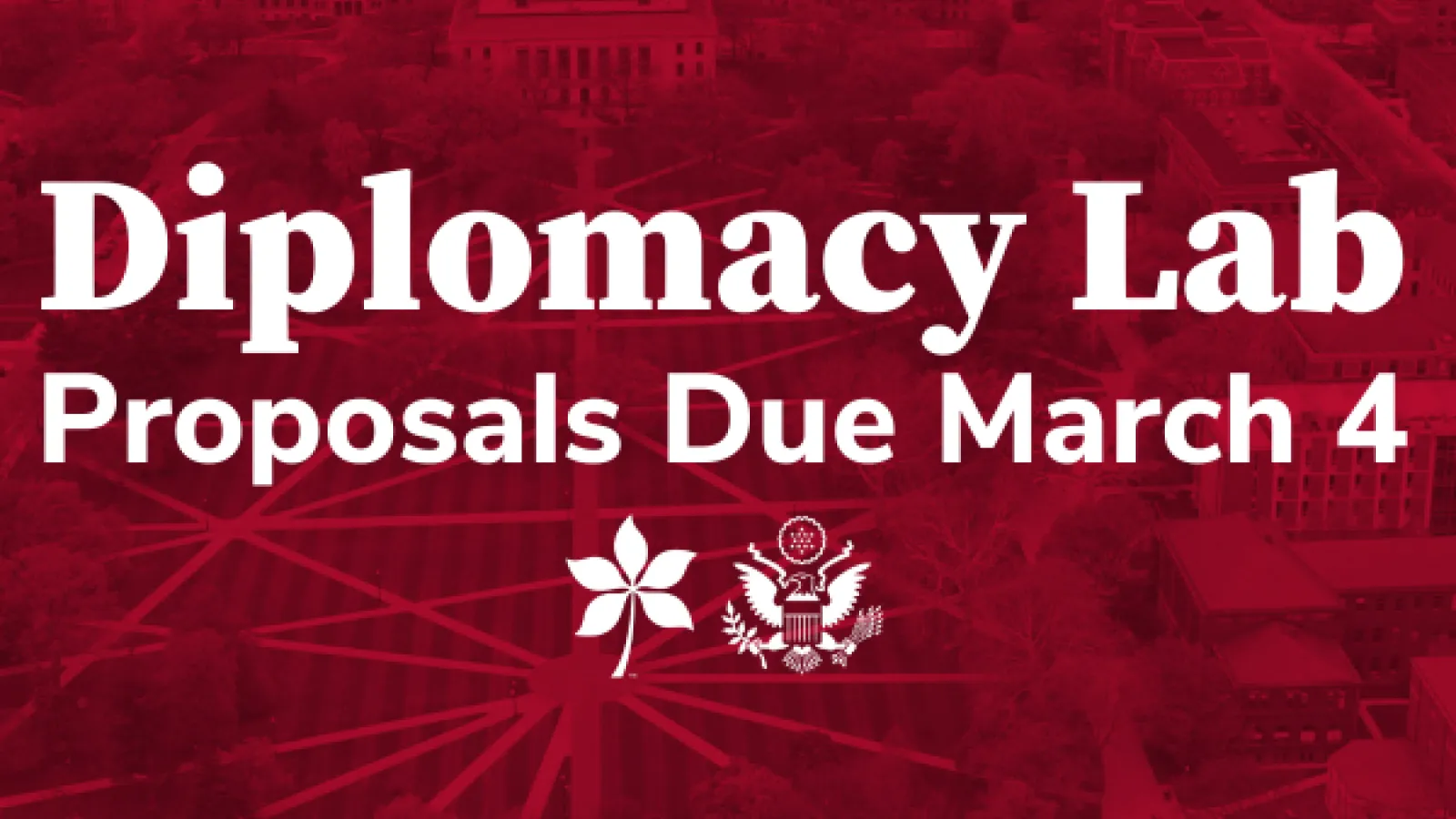 Diplomacy Lab proposals due March 4 over a scarlet image of the Ohio State oval, a white buckeye leaf, and a white US Department of State seal