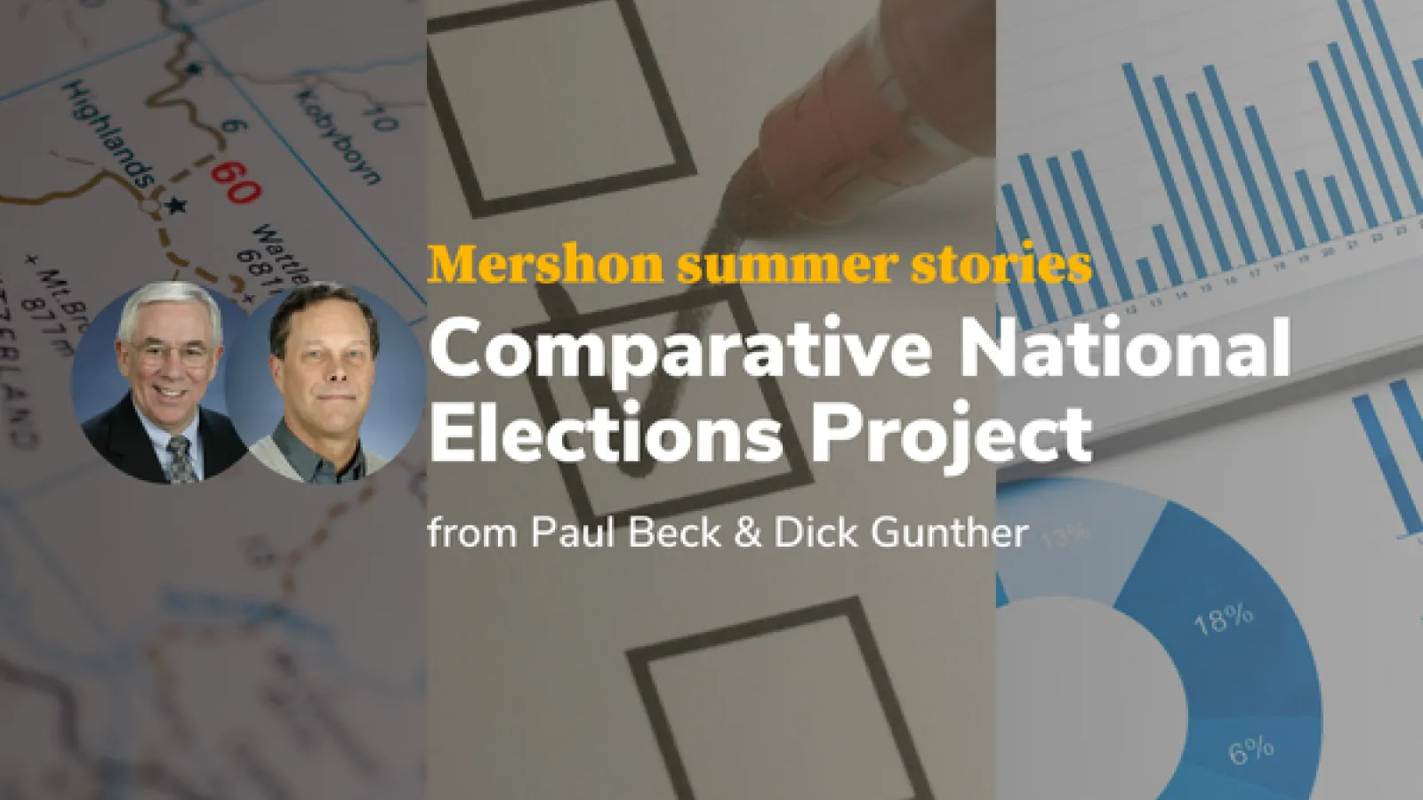 Text of Our Summer Stories: Comparative National Elections next to images of Paul Beck and Dick Gunther