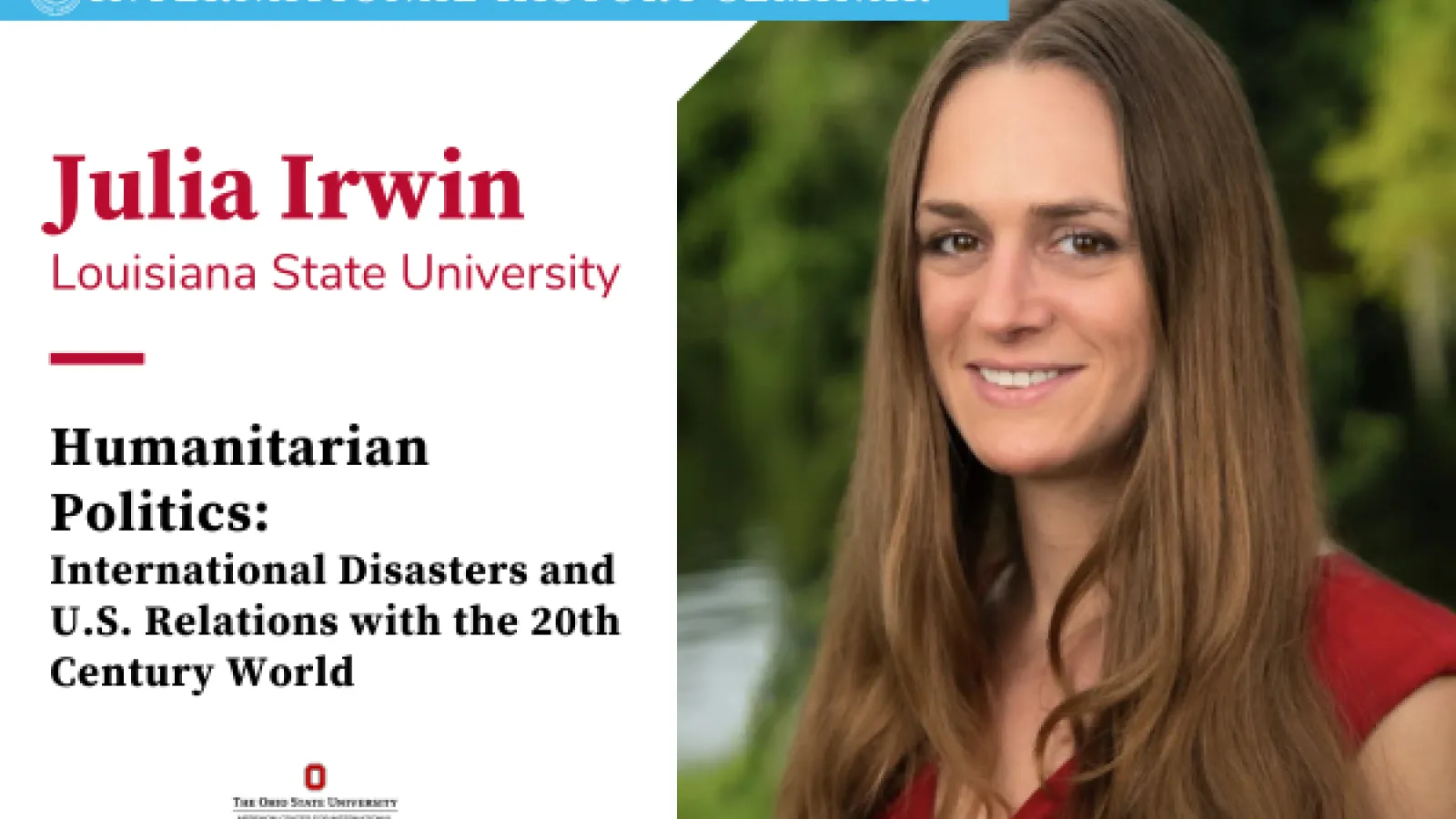 Julia Irwin next to text of her name and talk title