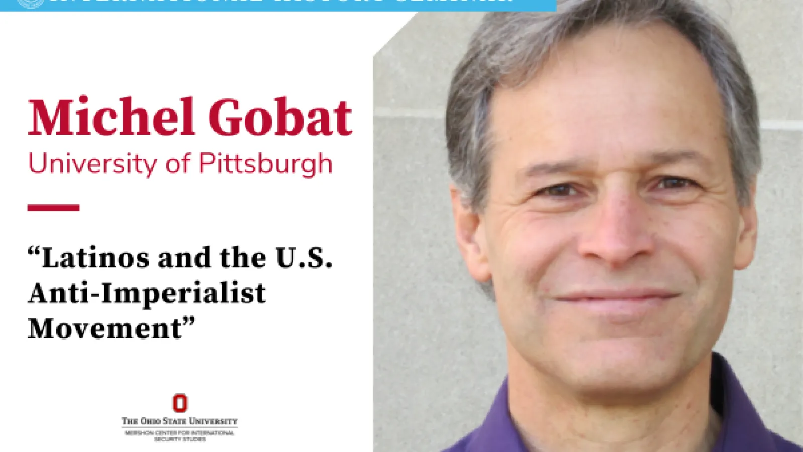 Michel Gobat next to text of his name and talk title