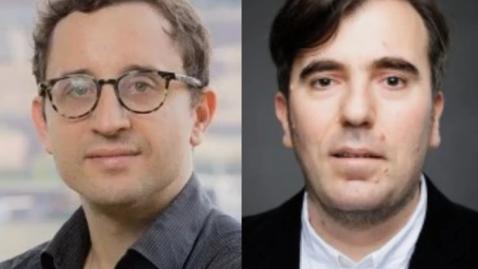 Two men: one with curly hair and glasses and one with dark hair 