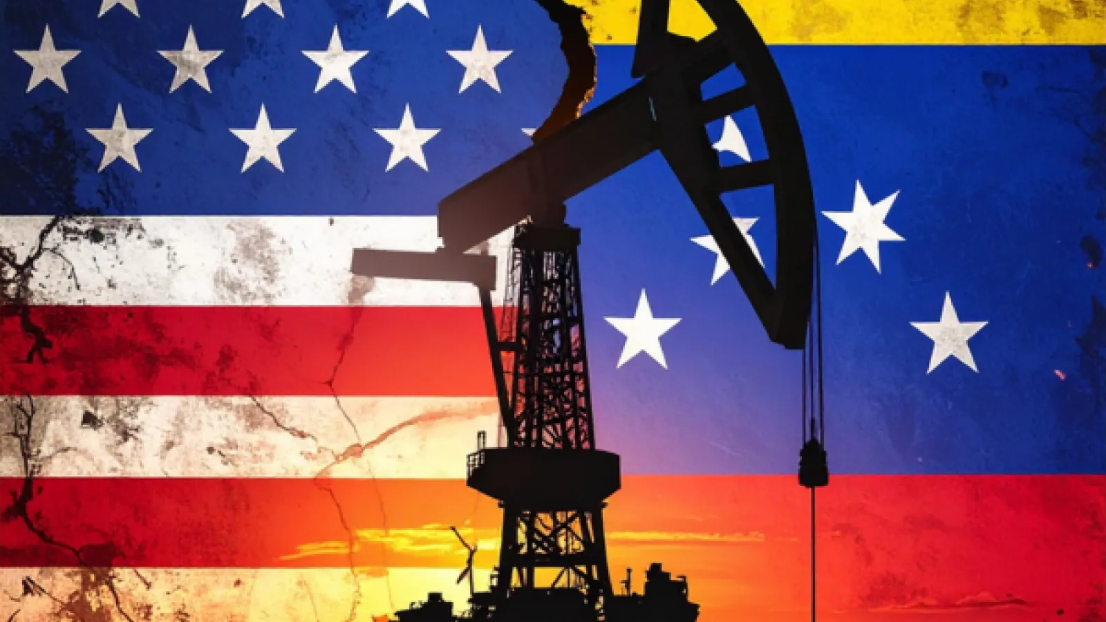 Flags of US and Venezuela with oil rig in shadow