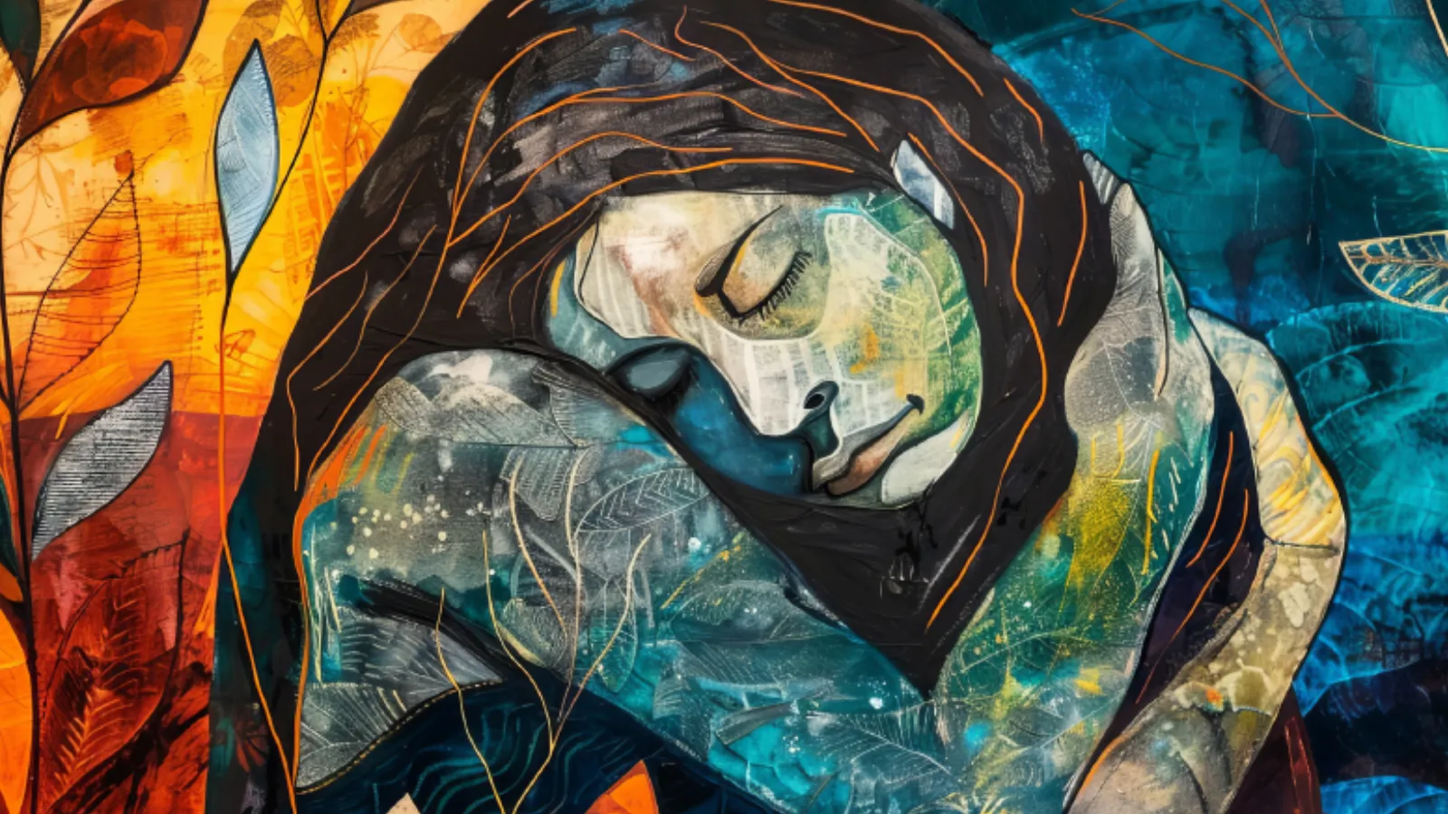 Orange, brown, and teal design of sad woman embracing another woman