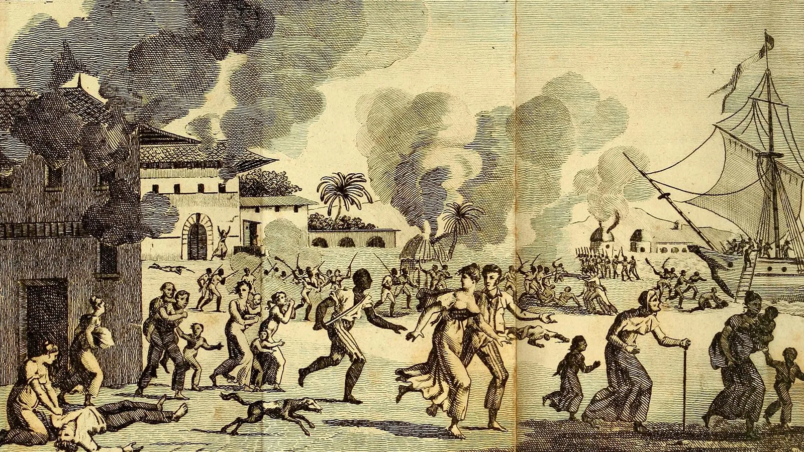 Drawing of people fleeing, fires burning, and chaos at an 18th century tropical port
