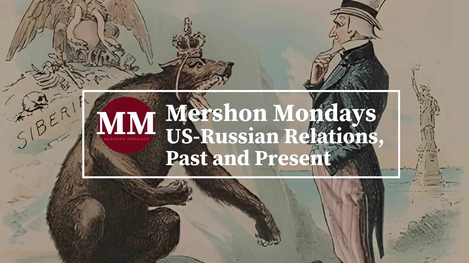 Brown Bear with map of Russia behind it growling at Uncle Sam with Statue of Liberty behind him