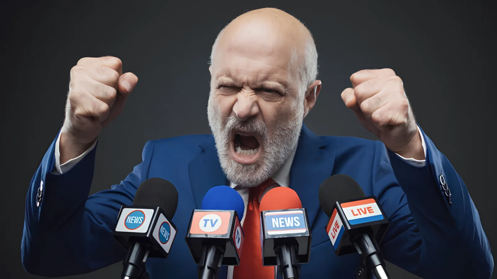 Middle age man in blue suit with fists raised yelling into TV microphones