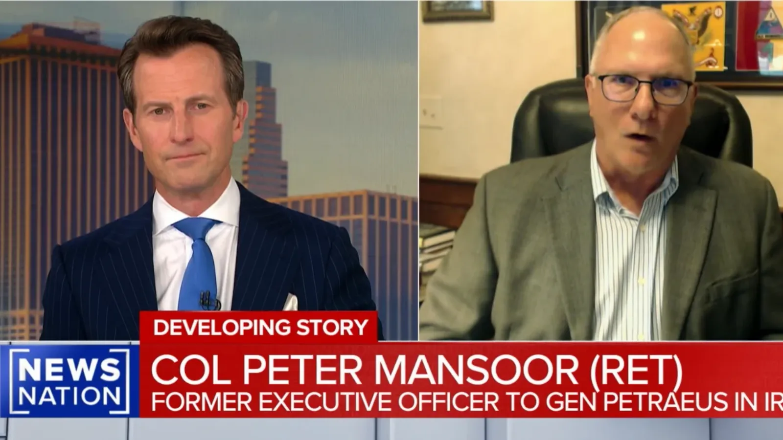 TV screen with newscaster and Peter Mansoor