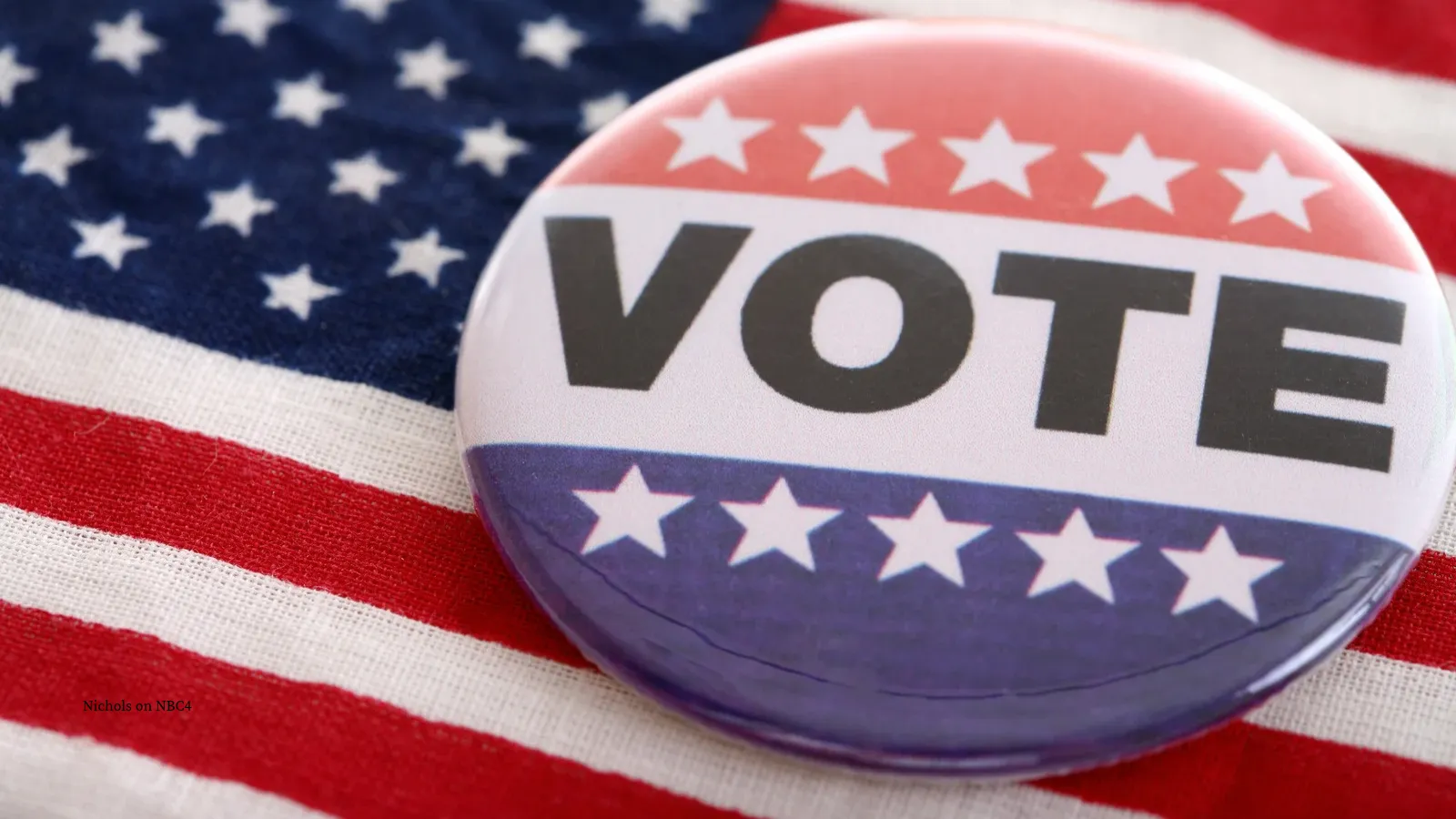 American flag and a button with vote written on it