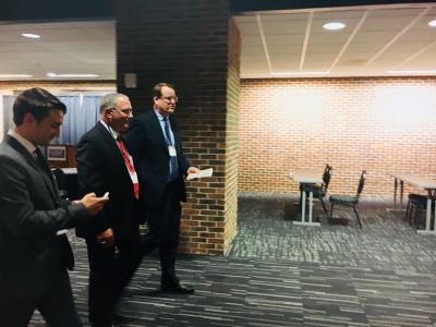 Mato Vunak (left) and Philip Bump (right) of the Washington Post chase down Mershon affiliate Peter Mansoor, Gen. Raymond E. Mason Jr. Chair of Military History, who was playing the part of the president in The Ohio State National Security Simulation held November 3-4, 2017, at the Ohio Union.
