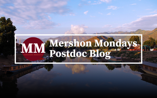 MM Logo inside of a white box with text of Mershon Monday Postdoc Blog overtop an image from River in India 