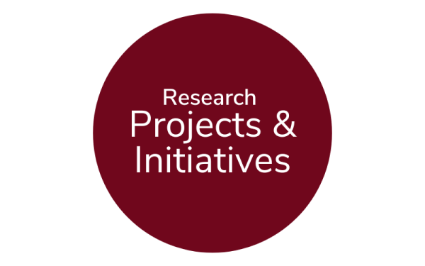 Text of research projects and initiatives over red circle