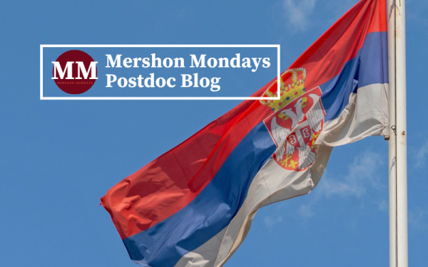 Logo of Mershon Monday Blog over image of Serbian Flag