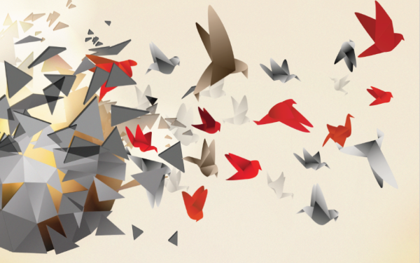 Red and gray birds flying in a group