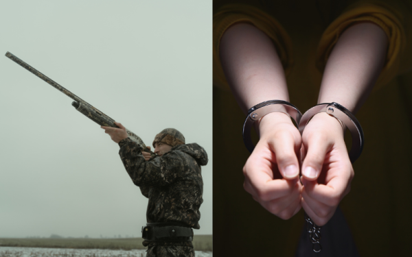 Man with gun and person in handcuffs