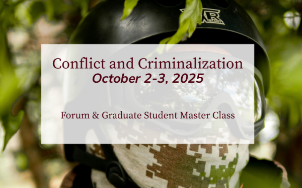 Conflict and Criminalization written over the face of a person in combat camo with a camo balacava
