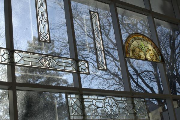 A view of the stained glass decorations at the Mershon Center
