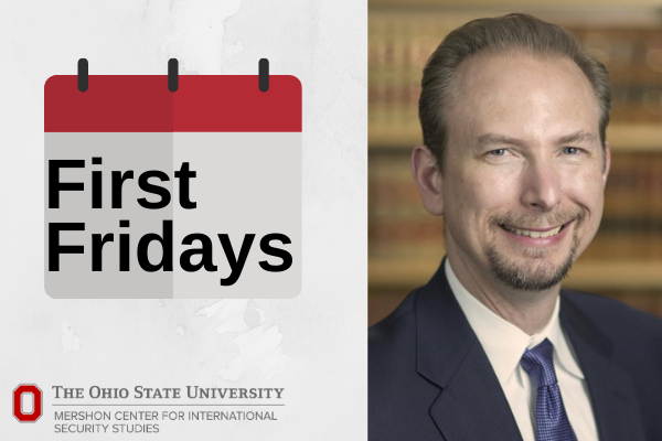 graphic with text of "first fridays" and headshot of speaker