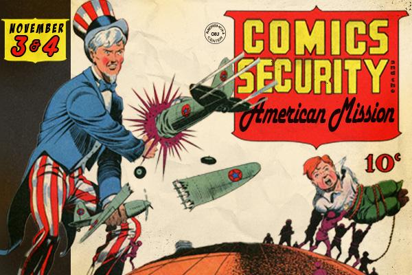 Uncle Sam fighting off airplanes in a comic book style