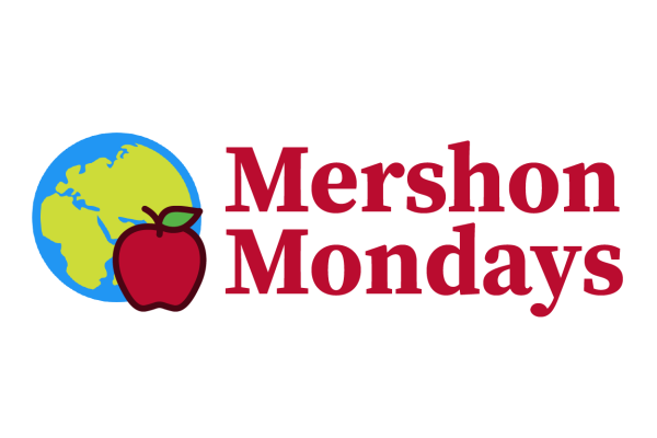 Apple in front of a globe with Mershon Monday text