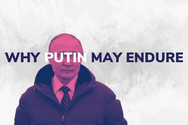 Why Putin May Endure text over a colorized purple and pink Vladimir Putin