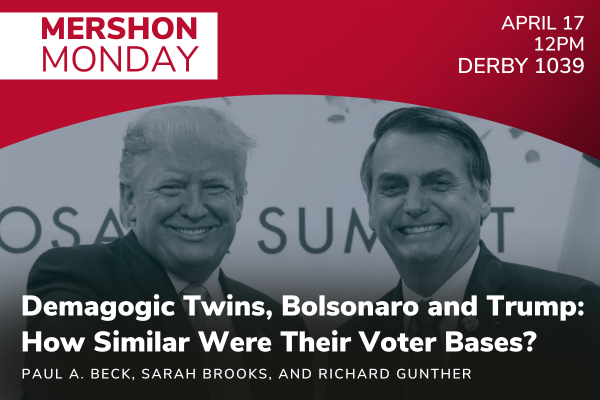 Photo of Donald Trump and Jair Bolsonaro. Mershon Monday, April 17, 12pm in Derby Hall 1039. Demagogic Twins, Bolsonaro and Trump: How Similar Were Their Voter Bases?