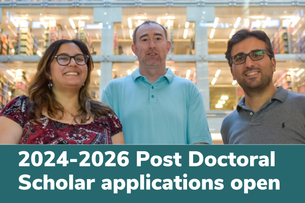 Photos of Post doctoral scholars Zaynab Quadri, Brooks Marmon, and Sefa Secen at the Library with 2024-26 Post Doctoral Scholar Applications Open
