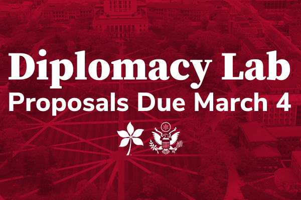 Diplomacy Lab proposals due March 4 over a scarlet image of the Ohio State oval, a white buckeye leaf, and a white US Department of State seal