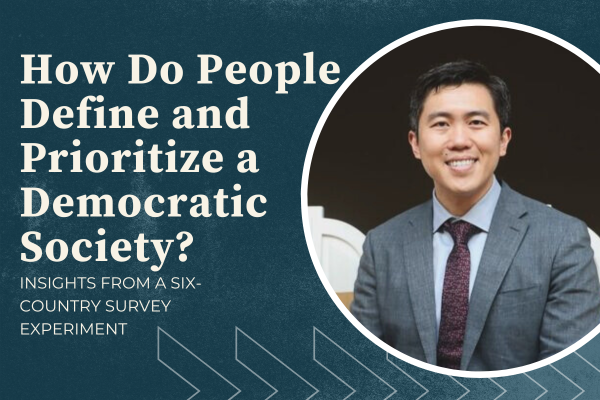Jonathan Chu event page. Lettering of How do people define and prioritize a democratic society