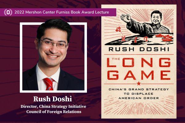 Rush Doshi headshot next to book cover of The Long Game
