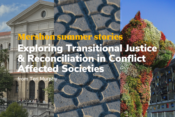 Text of Transitional Justice title over images from Bilbao, Spain