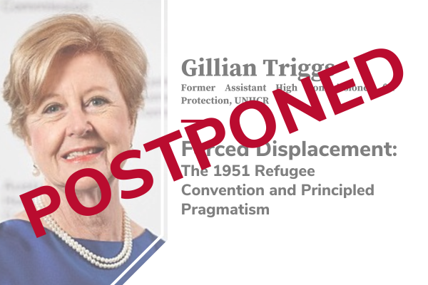 Gillian Triggs with text of postponed over image