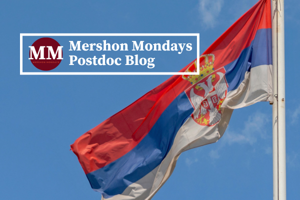 Logo of Mershon Monday Blog over image of Serbian Flag