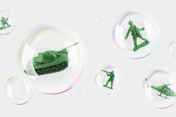 Army tank and men in soap bubbles