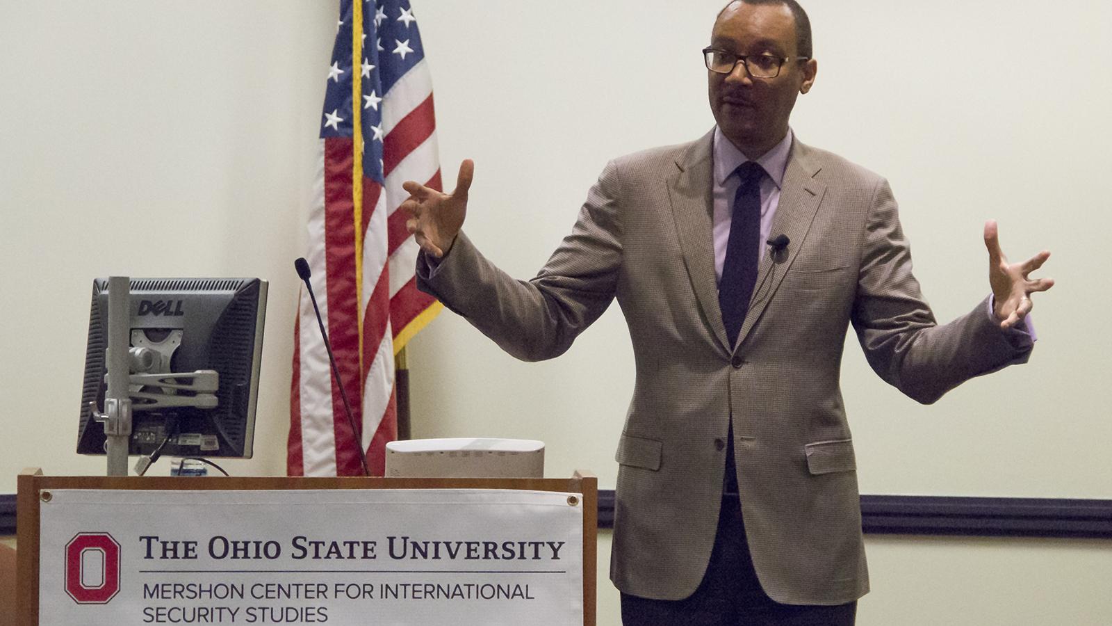 Tommie Shelby of Harvard University speaks about "Prisons of the Forgotten: King on Ghettos and Economic Justice" on January 13, 2017, as part of the Citizenship Speaker Series at the Mershon Center.
