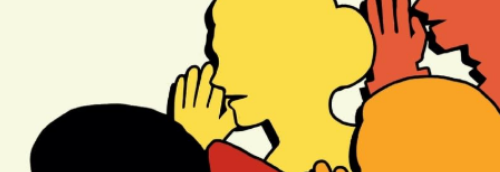 black, yellow, red, and orange silhouettes of people whispering